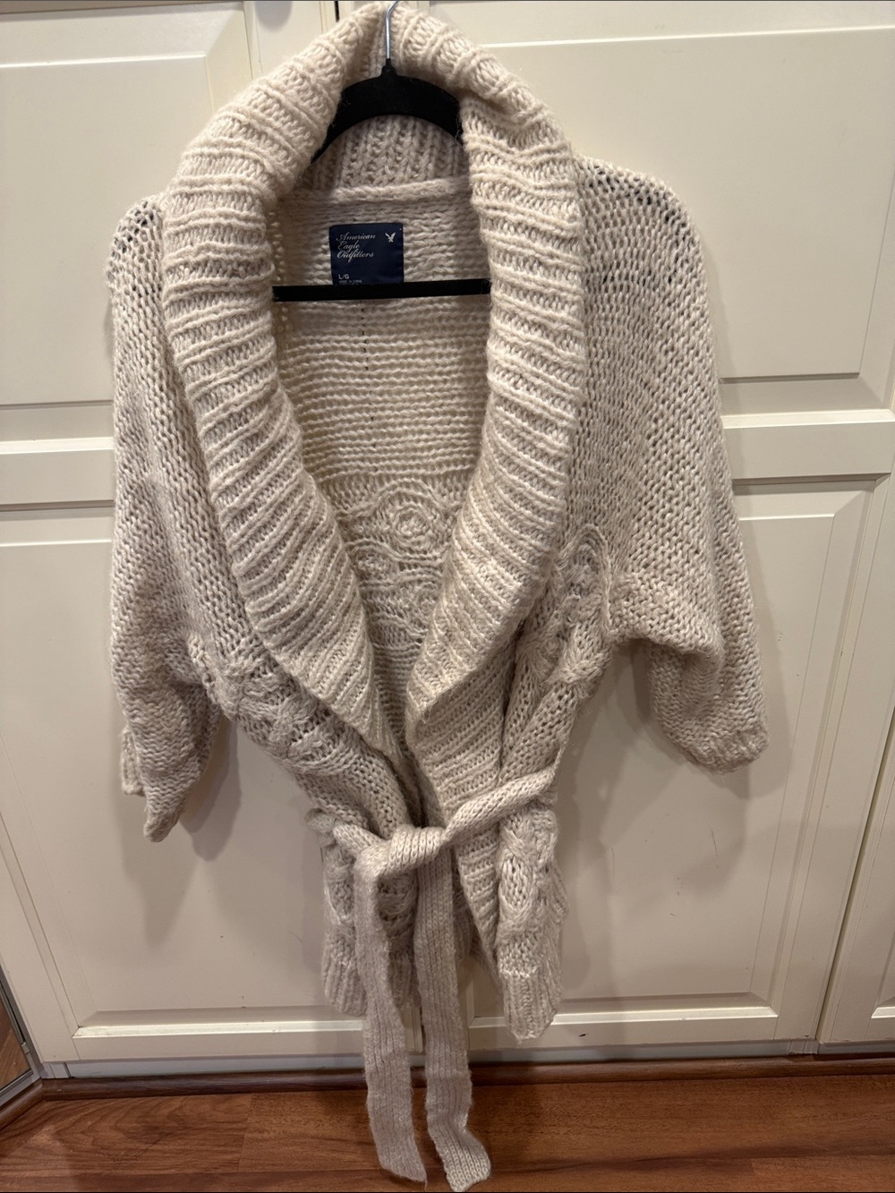 American Eagle Outfitters Cream Cable-Knit Shawl Collar Cardigan with Belt